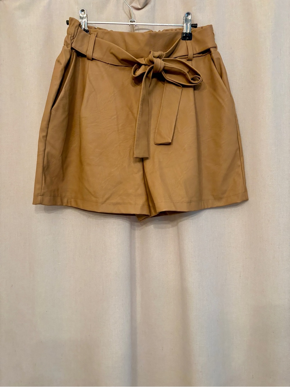 High-Waist Tie-Belt Paperbag Shorts in Tan